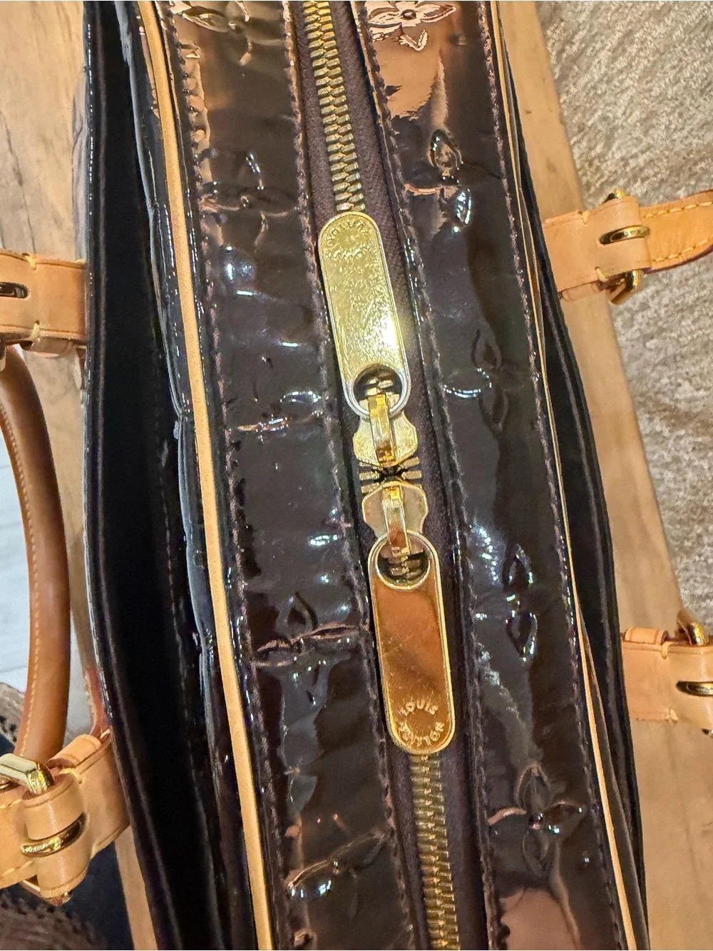 Vintage Louis Vuitton deep dark Eggplant Satchel with Natural Leather handles
